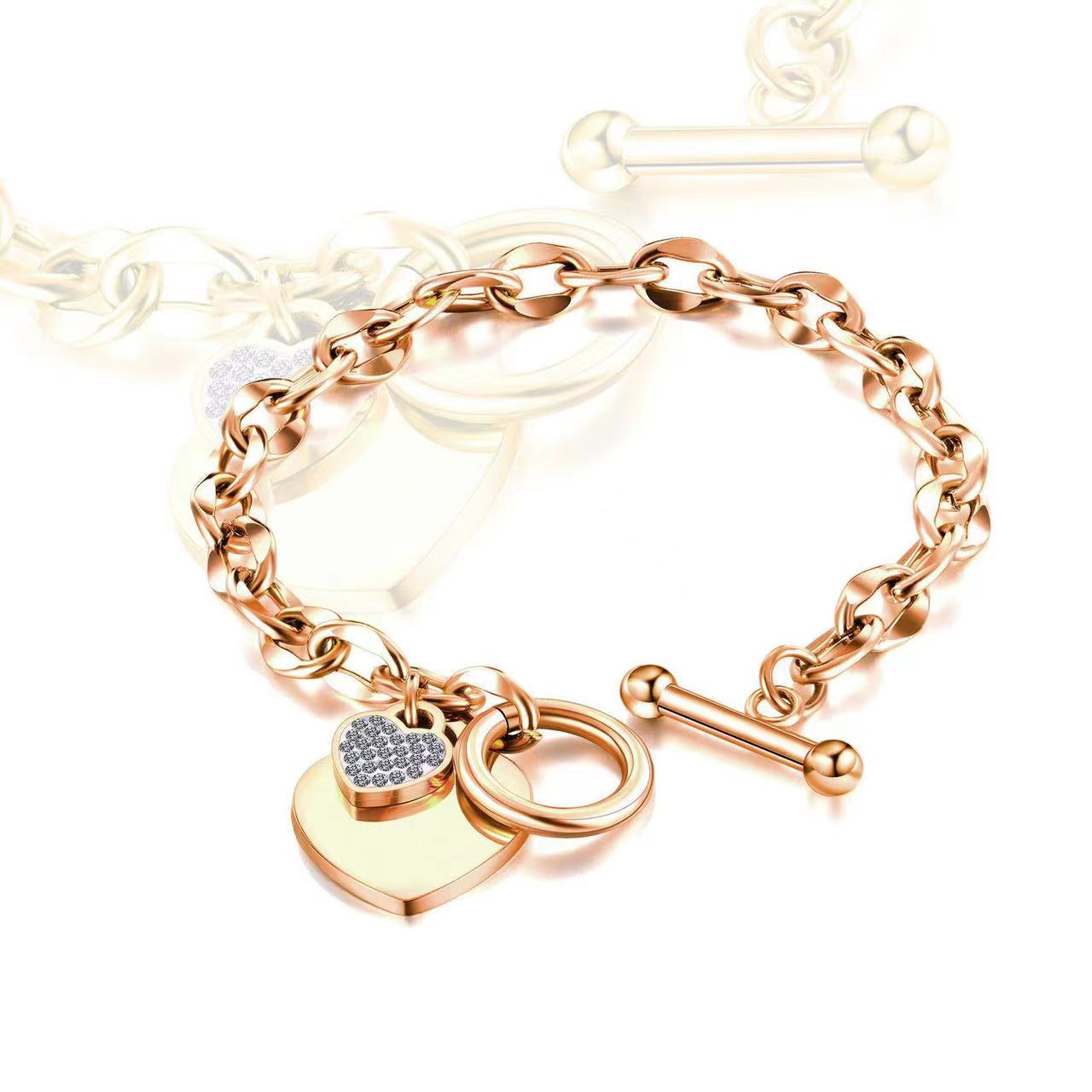 Rose Gold Crushed Diamond Heart Metal OT Clasp Bracelet