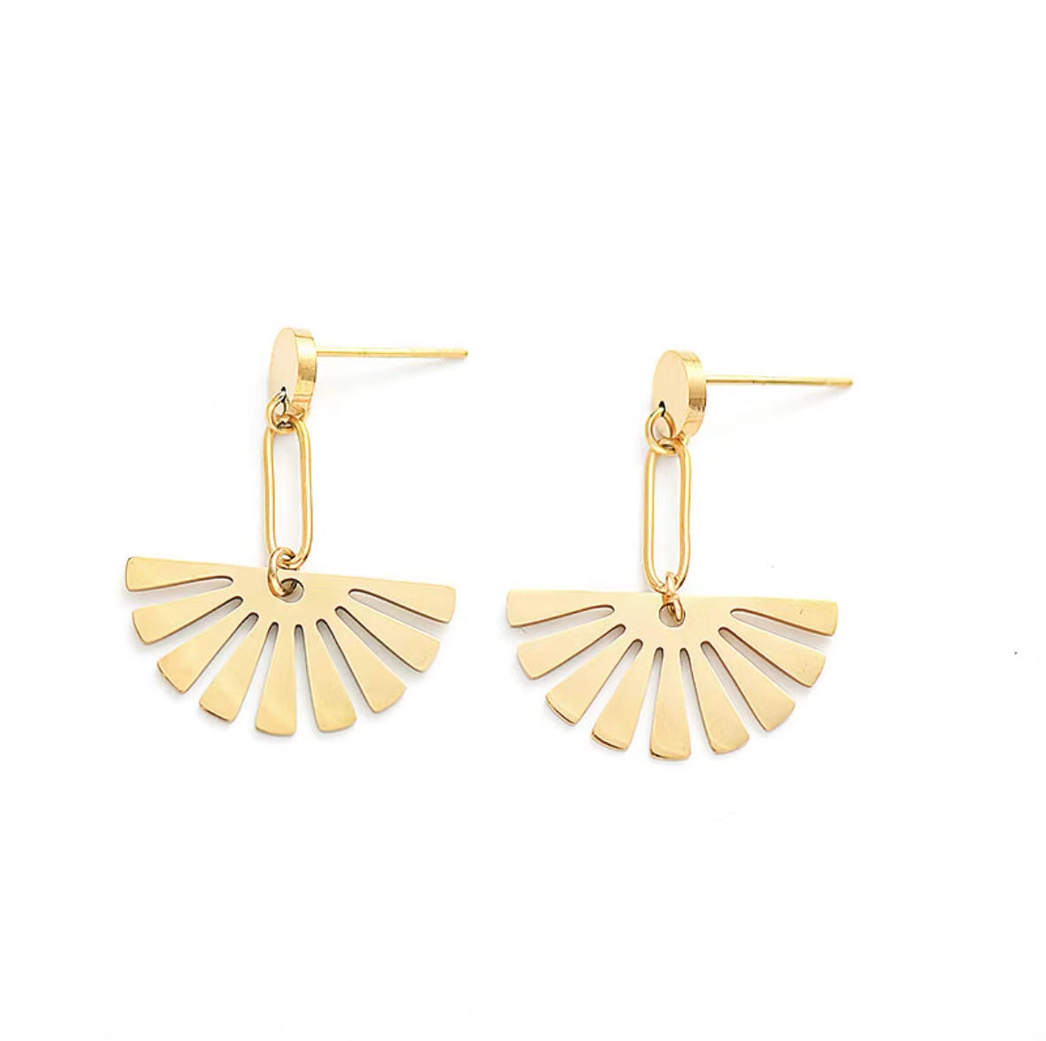 Chic Stainless Steel Fan-Shaped Earrings with 18K Gold French Titanium Studs